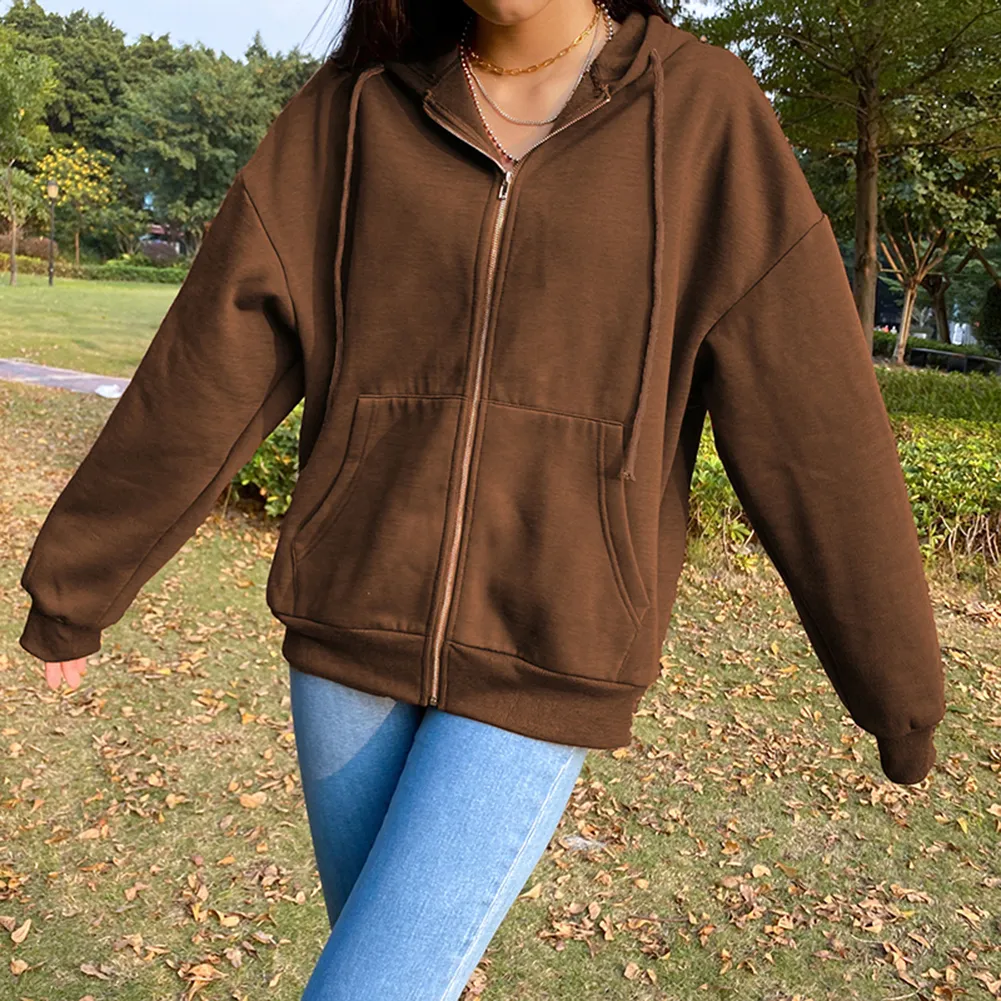 Brown Y2k Hoodies Women Aesthetic Vintage Zip Up Sweatshirt Winter Jacket Pockets Long Sleeve Solid Hooded Pullovers Streetwear Q0116