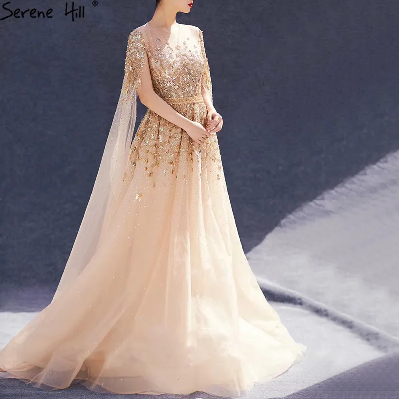 Dubai Gold Luxus O-Ausschnitt Sexy Abendkleider 2020 Pailletten Kristall mit Flügelärmeln formelles Kleid Serene Hill LJ201123