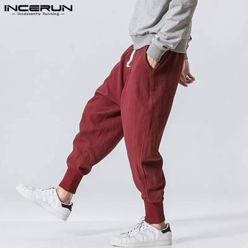 Incerun Men Harem Pants Drawstring Cotton Joggers Solid 2020 Streetwear Drop-Crotch Ounser