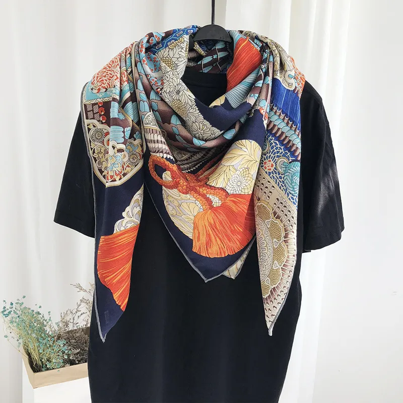 Luxury Silk Scarf For Women Cashmere Hijab Scarfs Kerchief 140 140cm Square Shawls Neckerchief Pannbandssalvor för damer 201216200g