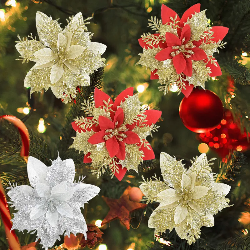 Christmas Decoration 14cm Glitter Artificial Flower Head For Tree Ornament Fake DIY Wedding Birthday Decor Y201020