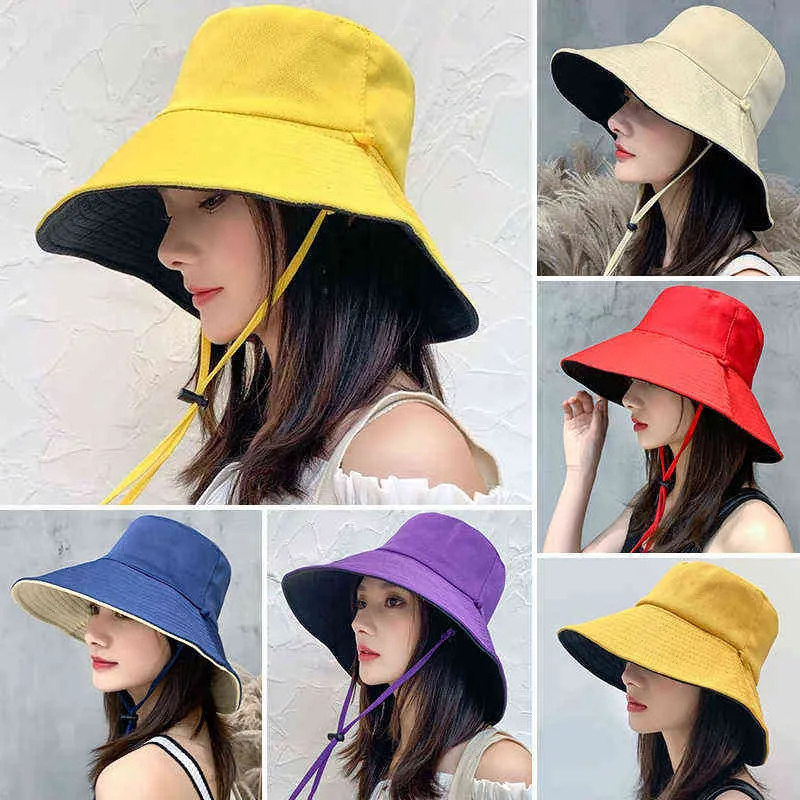 Summer Women Anti-UV Wide Brim Sun Hat Cotton Blende Panama Foldable Bucket Hat Korean Beach Visors Cap Sun Hat G220311