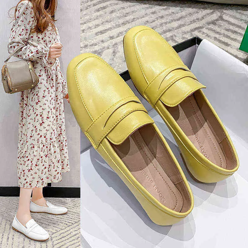 حذاء اللباس mocassins en cuir à bout carré pour femmes chaussures plates à enfiler couleur bonbon blanc noir jaune grande taille 35-43 9472N 220309