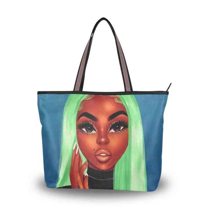 Shoppingväskor Alaza Luxury Designer Shopper Bag Canvas Handväska Ladie Stor Afro African Girl Black Women Shoulder Bag Shopping Tote Beach Väskor 220310