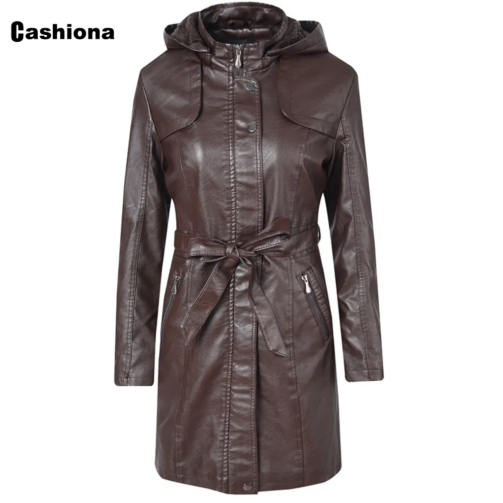 Cashiona 2020 New Faux Pu Giacche lunghe in pelle Donna Autunno Capispalla con cappuccio Cerniera Cappotti invernali Felpe con cappuccio giacca più velluto LJ201012