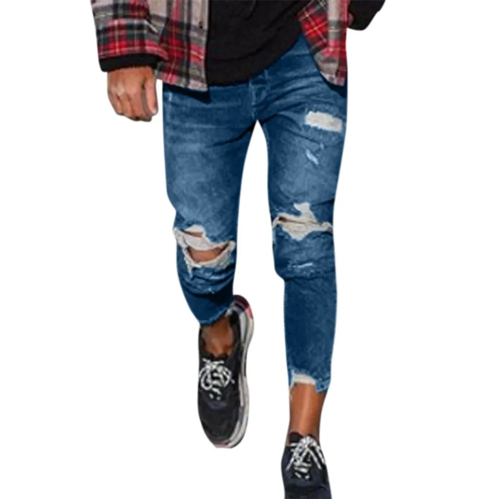 Długie spodnie ołówkowe Ripped Jeans Slim Spring Hole 2019 Męska Moda Cienki Skinny Dżinsy Dla Mężczyzn Hiphop Spodnie Ubrania Odzież 7 C1123