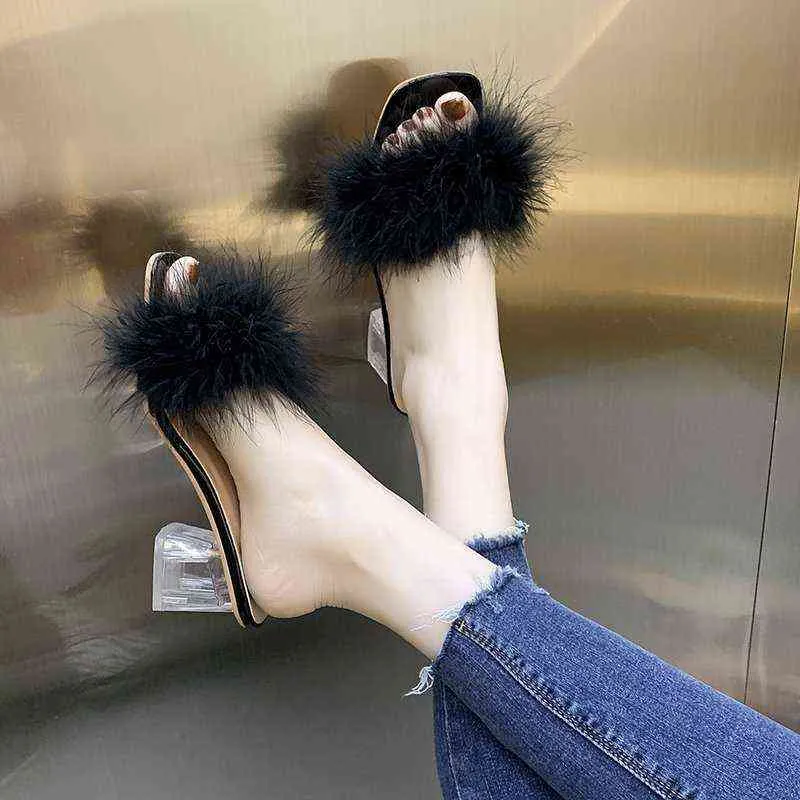 Woman Shoes Transparent Crystal High Heels Woman Feather Fur Slippers Pumps Women Peep Toe Lady Cute Plush Slippers 2021 Y1223