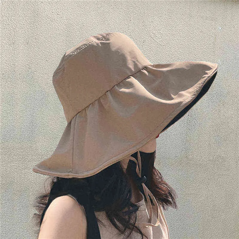 Verão Fino Sun Proteção Chapéus Para Mulheres Senhoras Coreano Big Brim Pescador Sunshade Chapéu Verão Preto Gum Sunshade Hat G220311