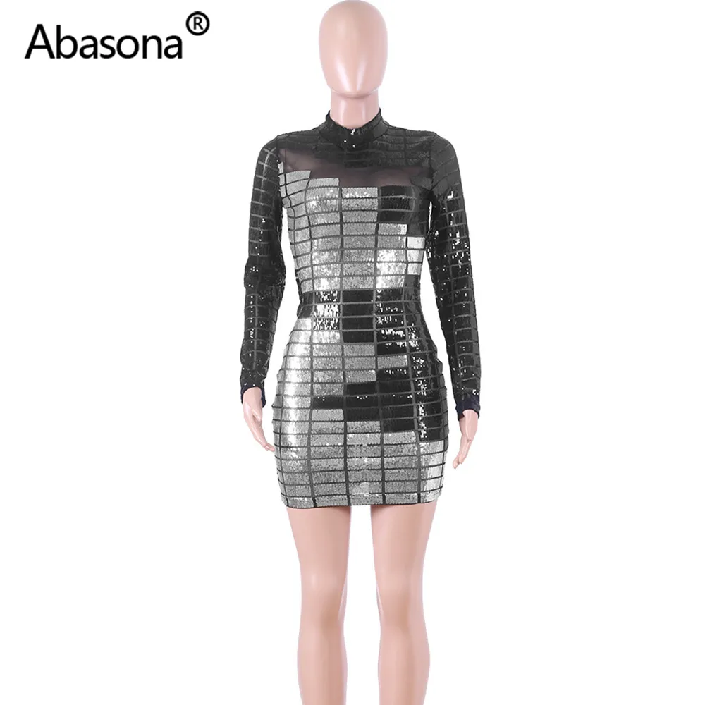 Abasona Abiti da festa aderenti con paillettes Sexy Night Club Estate Donna 2021 Mini abito stretto a maniche lunghe Guaina Maglia trasparente Nero Y011171x