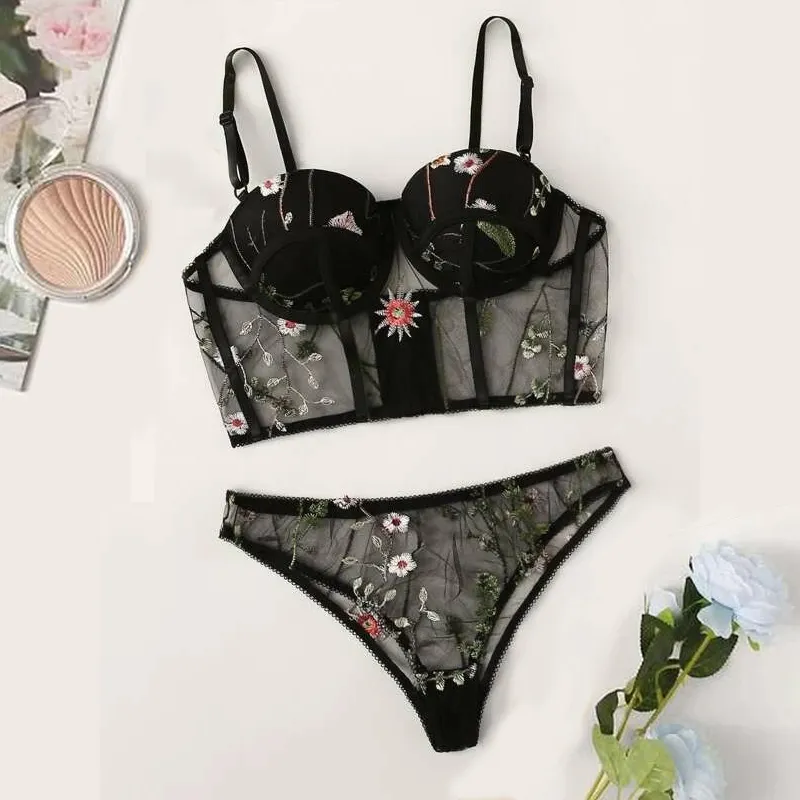 Sexy Backless Bra And Panty Set Lace Floral Embroidery Mesh Underwire Lingerie Set Push Up Underwear Briefs Women Lingerie Sets LJ200814