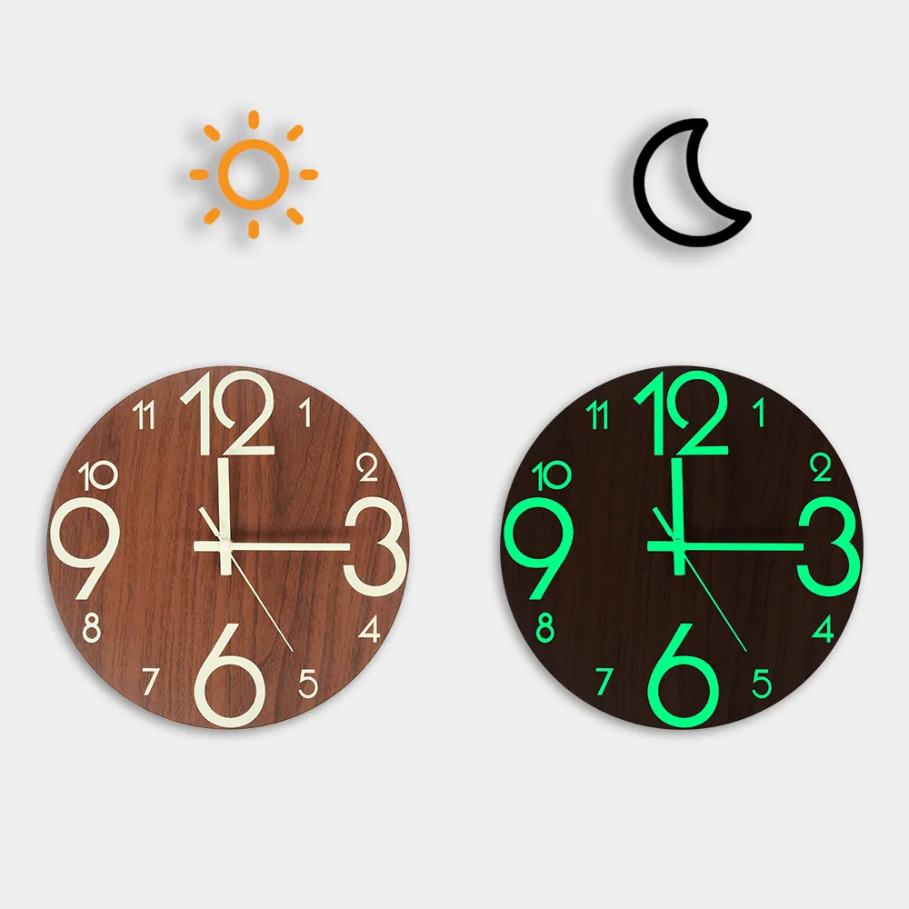 New Wooden Wall Clock Luminous Number Hanging Clocks Quiet Dark Glowing Wall Clocks Modern Watches Decoration for Living Room 201202