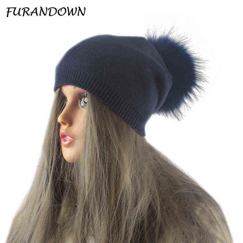 Automne hiver pompon bonnet chapeau femmes tricoté laine Skullies bonnets décontracté femmes casquette réel fourrure de raton laveur chapeaux 220112307J