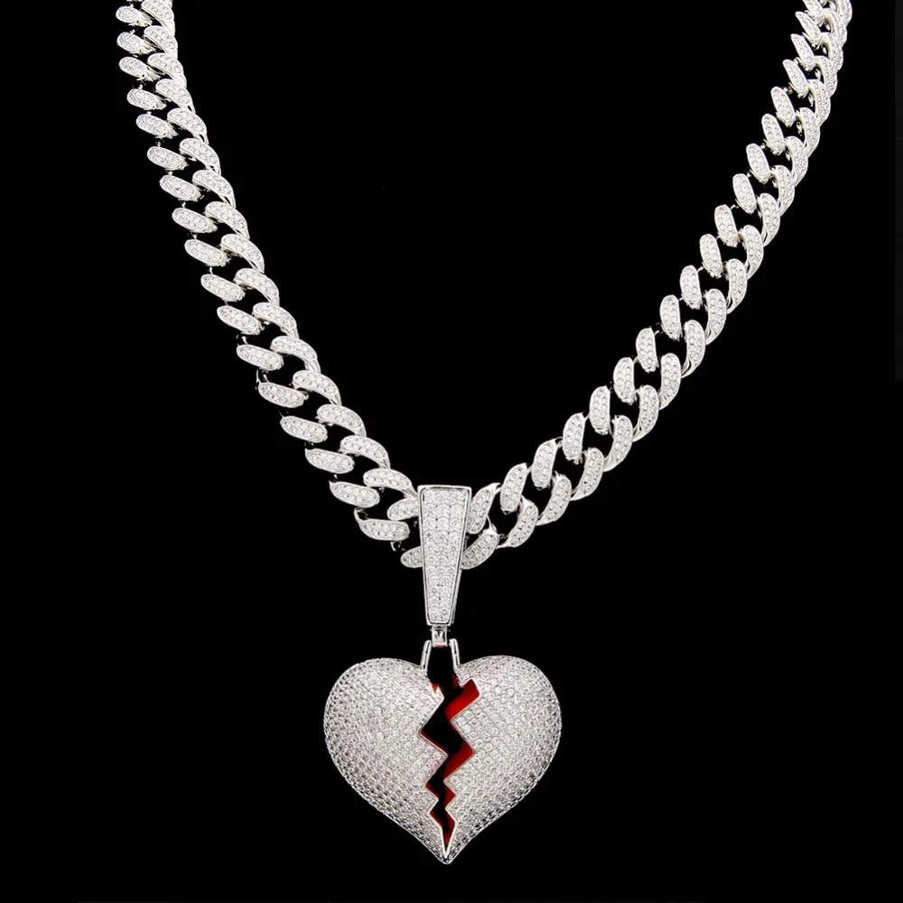 Hip Hop Jewelry Designer Necklace Iced Out Pendant Cuban Link Chain Gold Diamond Break Heart Pendants Luxury Bling Charm Rapper Me273u