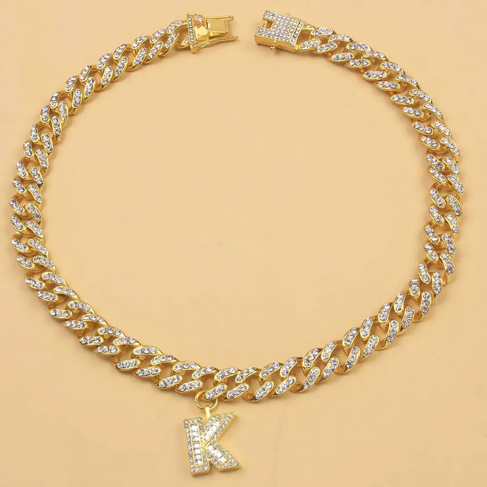 StoneFans 26 Collar de collar de letra de Baguette inicial para mujeres Miami helado Cabina de cadena de enlace Collar Joya P272D