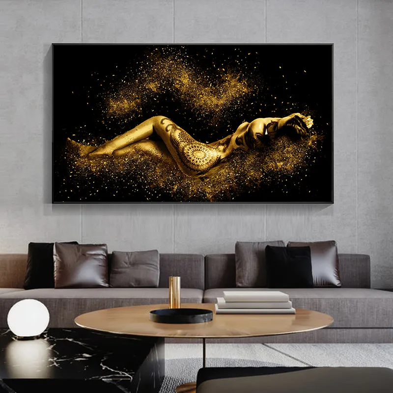 Zwart en gouden abstracte sexy naakt vrouwen lichaam figuur olieverf op canvas posters en prints wall art foto voor de woonkamer