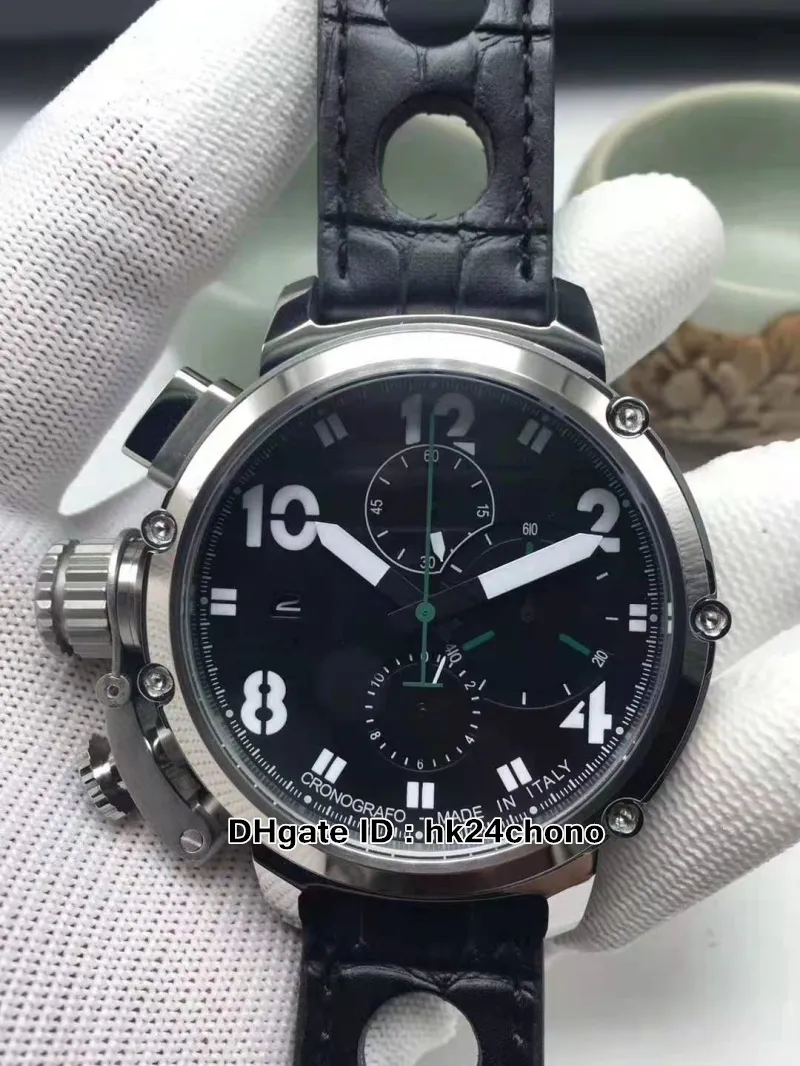 新しい時計スチールケースブラックダイヤルU51 U-51 50mmクォーツクロノグラフメンズウォッチレザーストラップチメラ7474高品質のGentsスポーツW307o