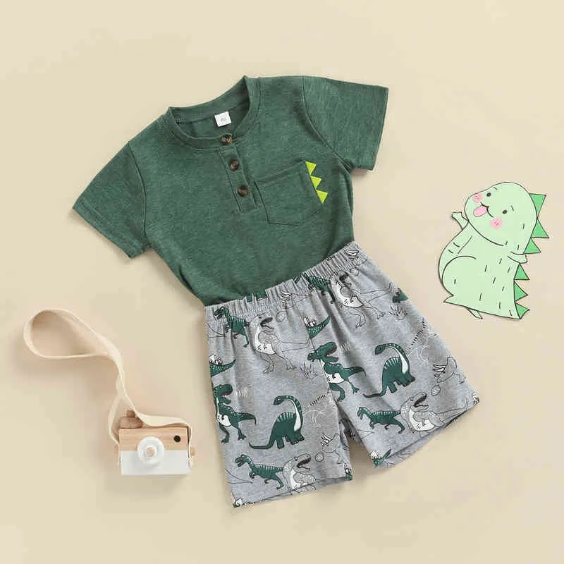 Toddler Baby Kid Ragazzi Vestiti Set T-shirt con bottoni a maniche corte Pantaloncini di dinosauro Estate Bambini Cosutmes Abiti D35 G220310