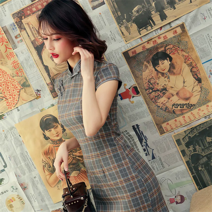 Robe chinoise en satin Vintage Plaid Femmes Oriental Robe Cheongsam Moderne Qipao Femme Chine Élégant Casual Party Nouvel An Vêtements LJ200827