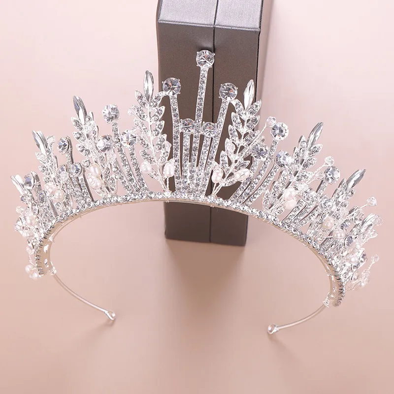 KMVEXO Barocco di lusso da sposa in cristallo foglia corone principessa regina spettacolo prom perla velo diademi fascia accessori capelli da sposa T2874