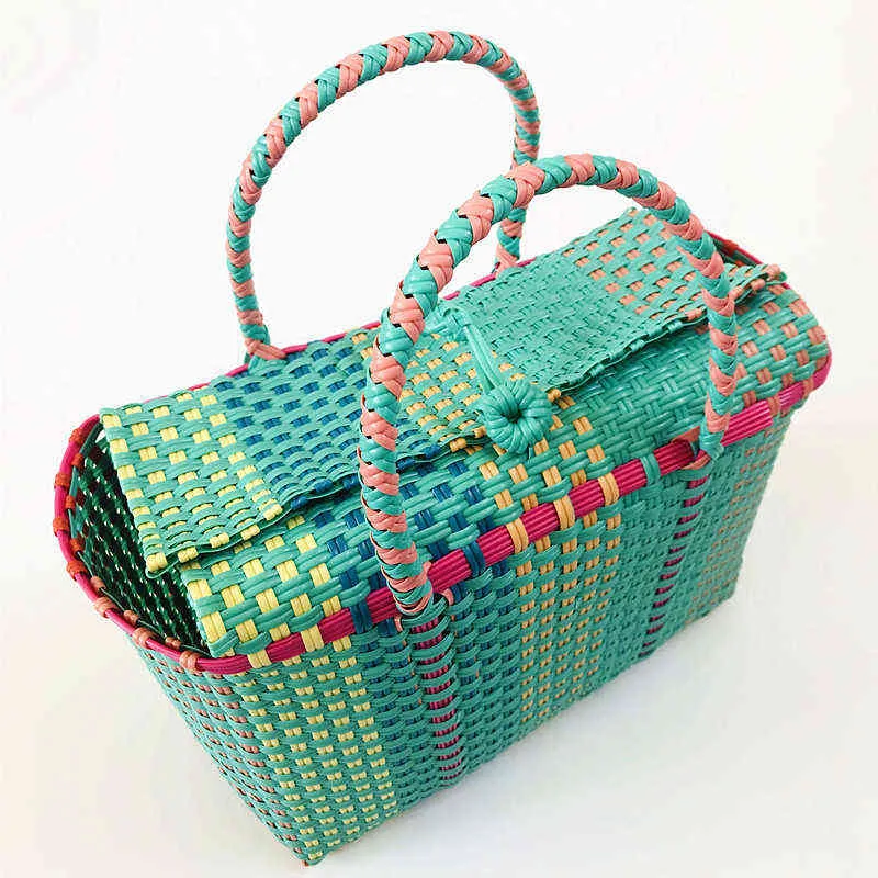 Shopping Bags Women Durable Weave Beach Woven Bucket Casual Tote Handbags Popular Receive Straw Plastic Braided Basket 220303