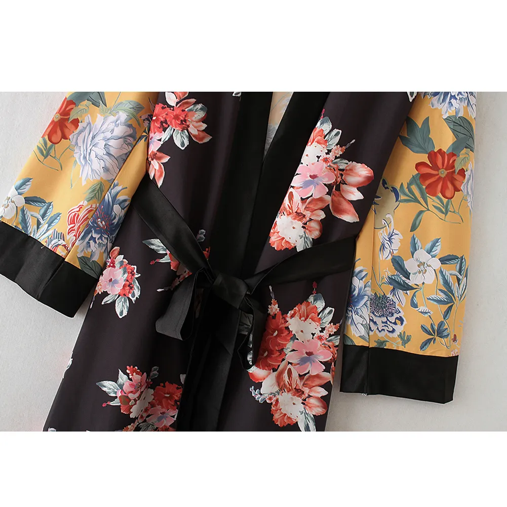 Kvinnor blomma tryck kimono cardigan blus bandage sommar semester strand täcker upp boho lång lösa casual shirts mantel med bälte lj200831