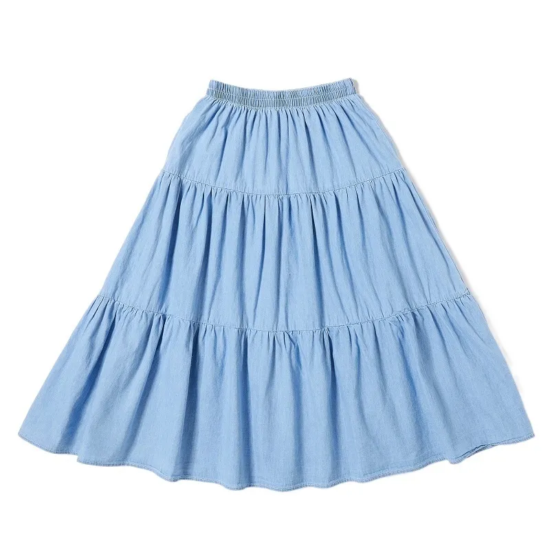 6 till 16 år, vår sommar tjejer kjol denim tonåring barnkläder för mamma och mig 100% bomullskåpa knä ruffles, # 5952 220216