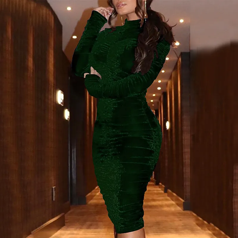 Omsj Fall Winter Velvet Ruched Eleganckie Party Moda Suknie Wieczór Party Office Lady Dress Długi Rękaw Bodycon Sexy Dress 201125