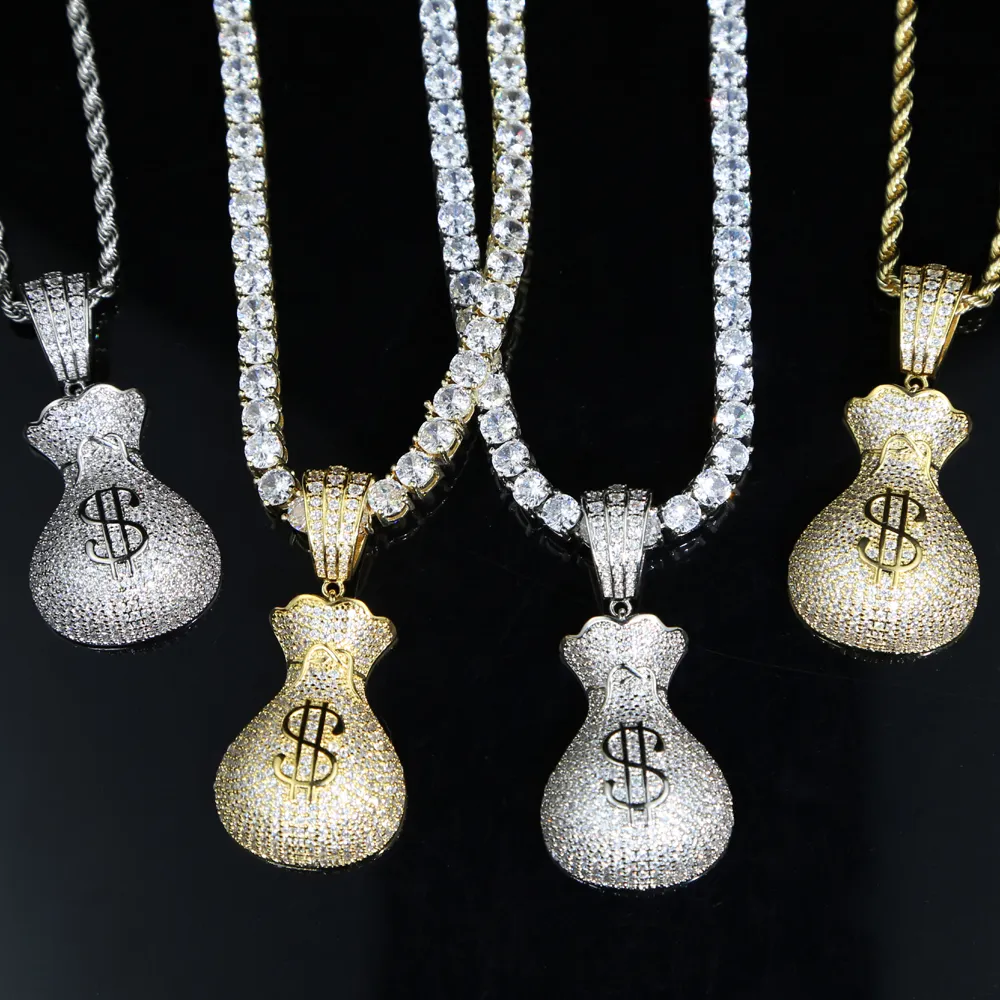 Plein Micro pavé zircone cubique CZ glacé Dollar sac d'argent pendentif Hip Hop femmes collier avec chaîne de boîte de Tennis