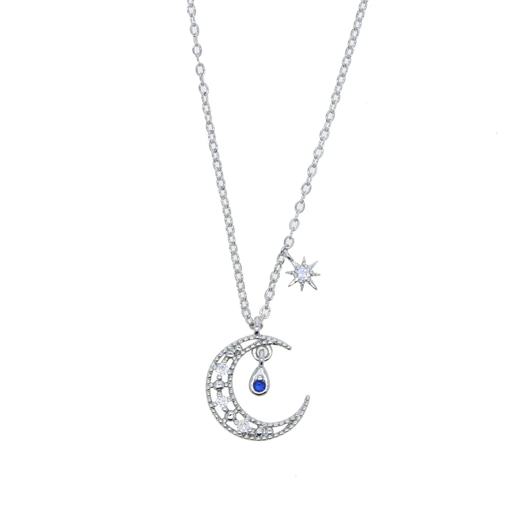 Mode fille femmes bijoux 5A blanc bleu CZ pavé lune étoile charme minimal délicat beau petit pendentif fille collier 8383689