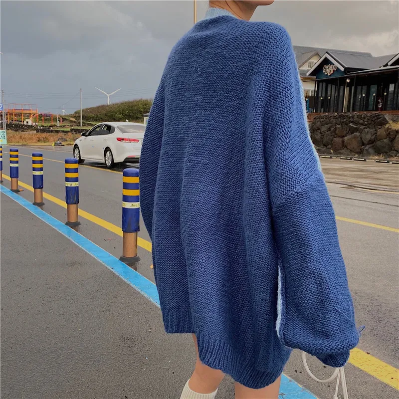 チョートアートプルオーバーケーブルニットセーター女性ブルー特大のセーターパッチワークルーズニットトップファッションLJ2011212