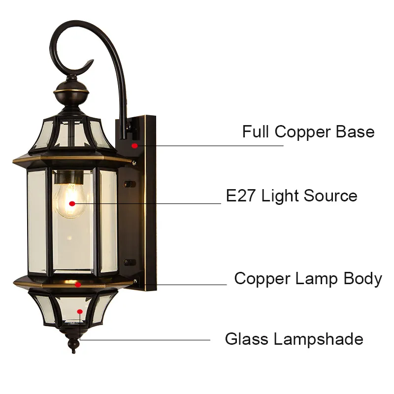 Europese buitenwandlamp waterdicht roestvrij retro koperen armaturen eenvoudige villa binnenplaats balkon gangpad glas E27 wandmontage236H