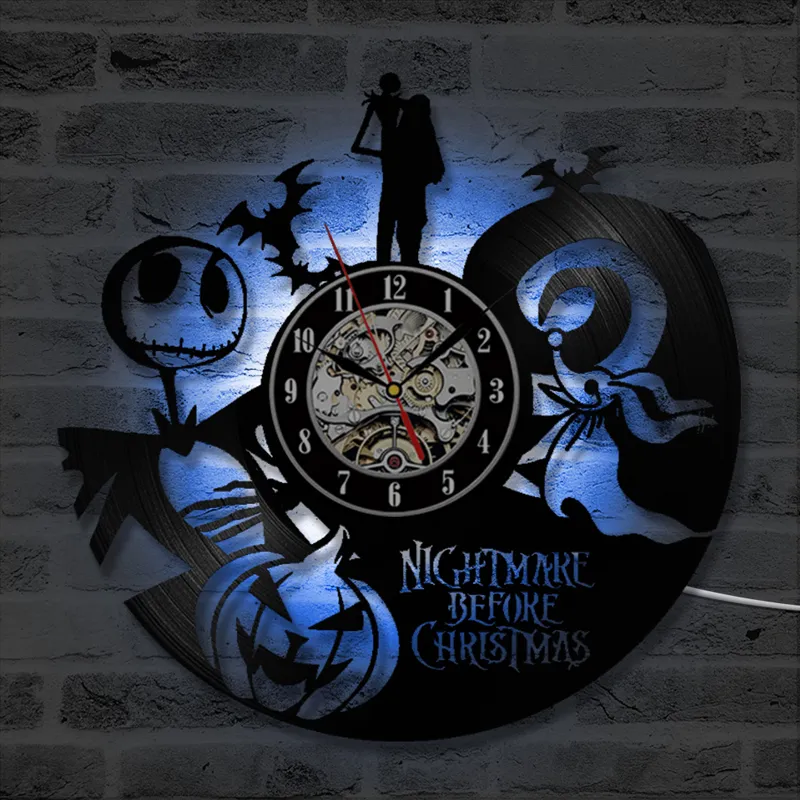 Vintage Vinyl Record Wall Clock med 7 LED -belysning The Nightmare Before Christmas LED Wall Clock Art Hanging Watch Home Decor Y207725296