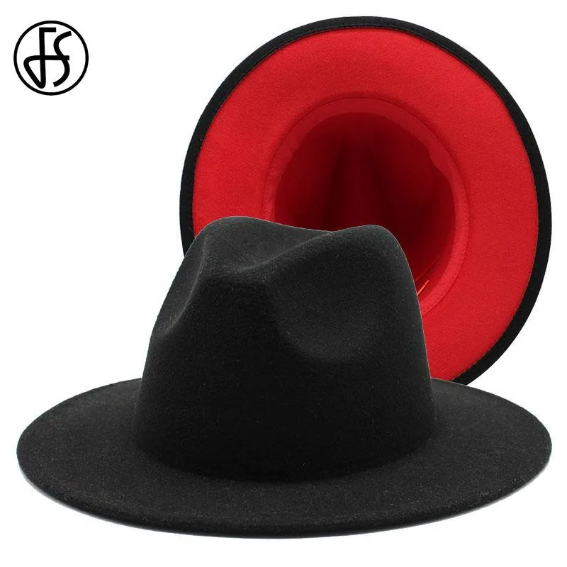 FS 61 cm grå röd lapptäcke ull filt jazz fedora hattar för kvinnor unisex brett grim panama party trilby cowboy cap men gentleman3012