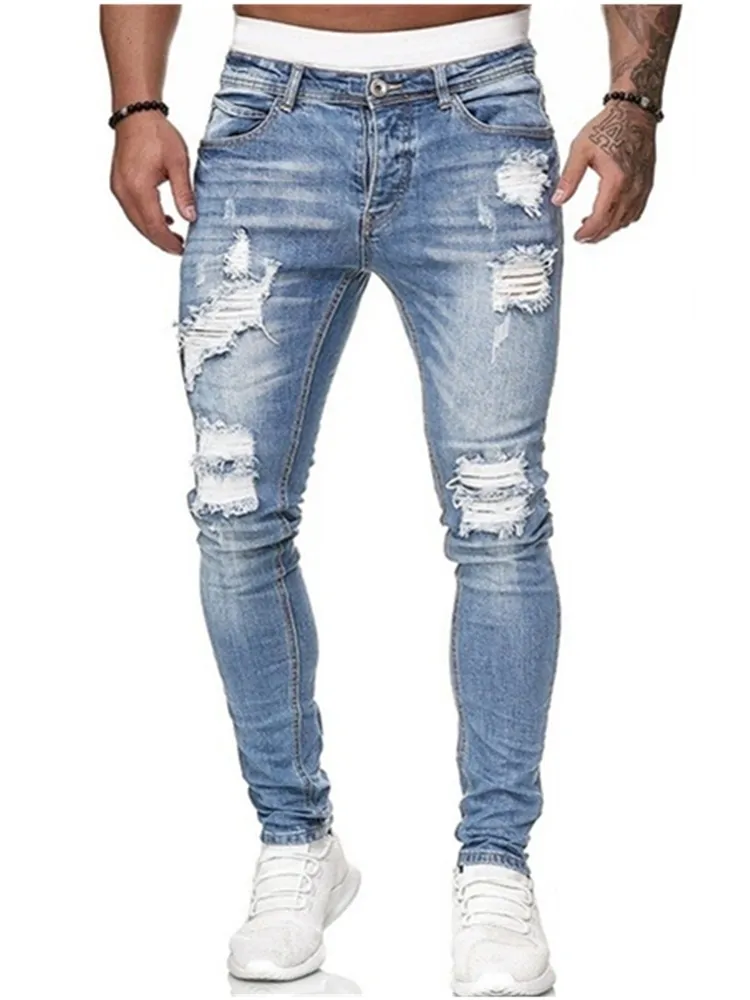 Pantaloni della tuta da uomo Jeans con foro sexy Pantaloni Casual Estate Autunno Pantaloni skinny strappati da uomo Slim Biker Matita Pantaloni di jeans Uomo C1123