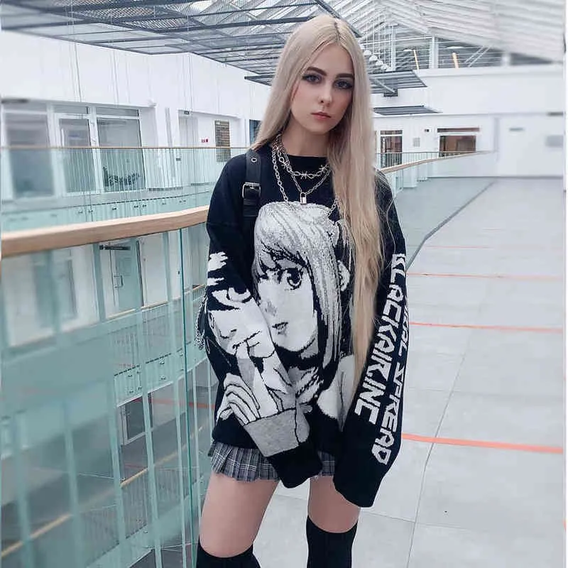 Atsunny Hip Hop Streetwear Style Harajuku knitting anime girl kninted death sweater pullover 220108