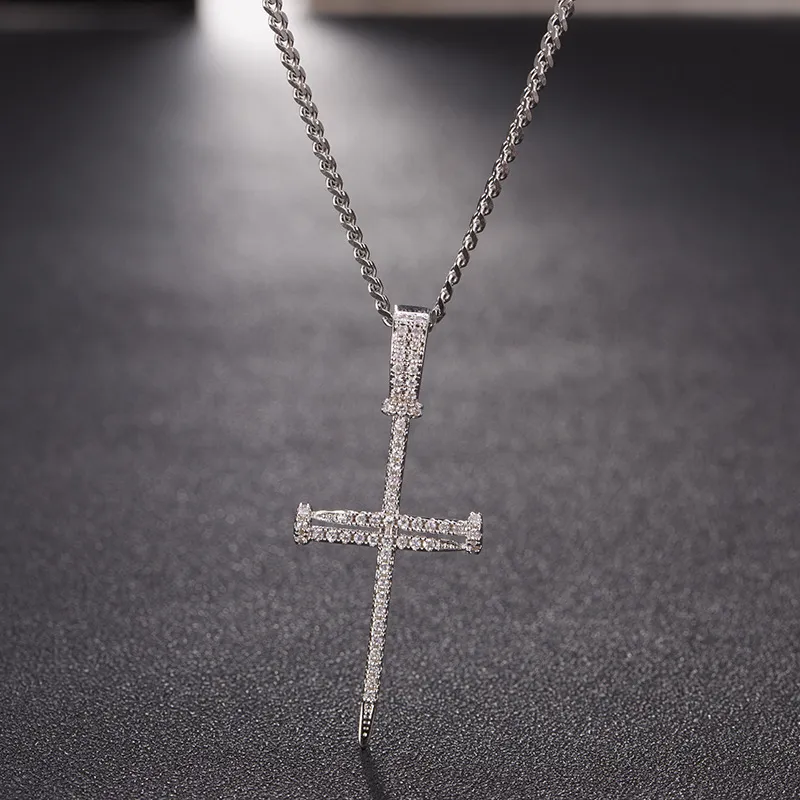 Nail Cross Pendant Gold Silver Copper Material Iced CZ Pendants Necklace With Chain Fashion Hip Hop Jewelry326P