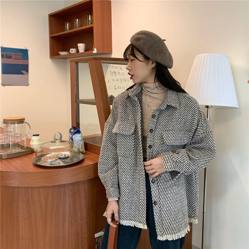 Bella Autumn New Retro Houndstooth Shirts Vintage Tassel Loose Wild Long Sleeve Jacket Casual Street Lady Outwears LJ201021