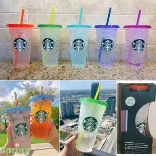 Herbruikbare Starbucks Tumbler Color Changing Confetti Cold Cup Rainbow Straw met Deksel Plastic Cup FL OZ