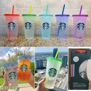 Reutilizável Starbucks Tumbler cor mudando confete copo frio arco-íris palha com tampa plástica copo fl oz