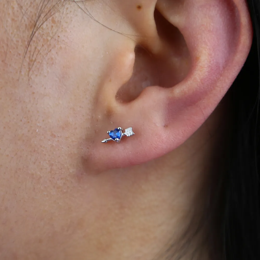2021 nouveau minuscule 925 argent sterling bleu cristal cz coeur boucle d'oreille avec flèche boucles d'oreilles pour femme romantique mariage bijoux cadeau