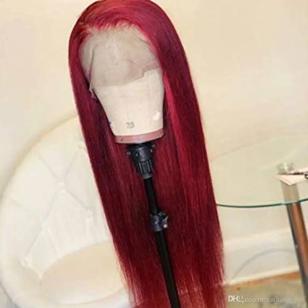 Red Color Brazilian Remy HairGlueless Long Straight 99J 13x4 Lace Front Human Hair Wig Pre Plucked with Baby Hair3488438
