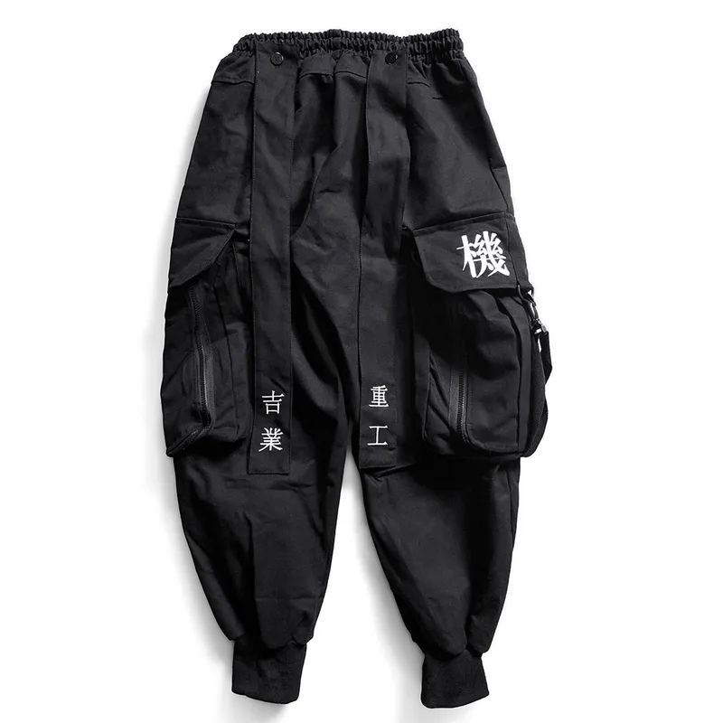 Japanska streetwear techwear lastbyxor för män baggy wide ben svart jogger 220217