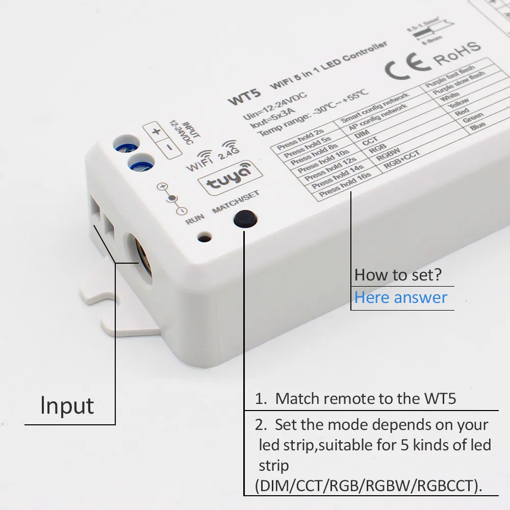 Tuya conduziu o controlador 5 em 1 dimmer cct rgb rgbw rgbww rgbcct tira inteligente vida wifi 2.4g rf controlador remoto sem fio 12v 24v wt5