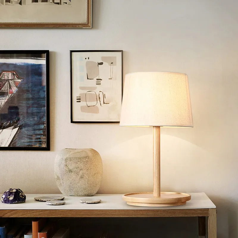 Japansk stil trä bordslampa tyg lampskärm enkel vardagsrum sovrum sovrum läs skrivbord lampor hem dekoration e27 led l196g