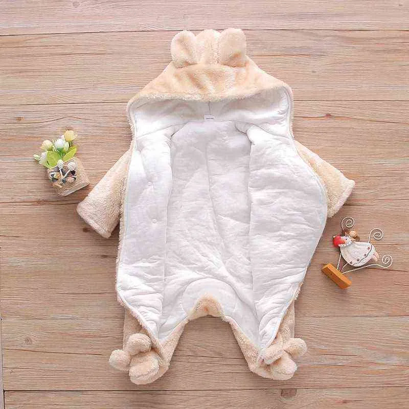 Bebé con capucha con capucha mamelucos cálidos otoño invierno bebé niña pies niños nacidos orejas de conejo lindo mono trajes 220106