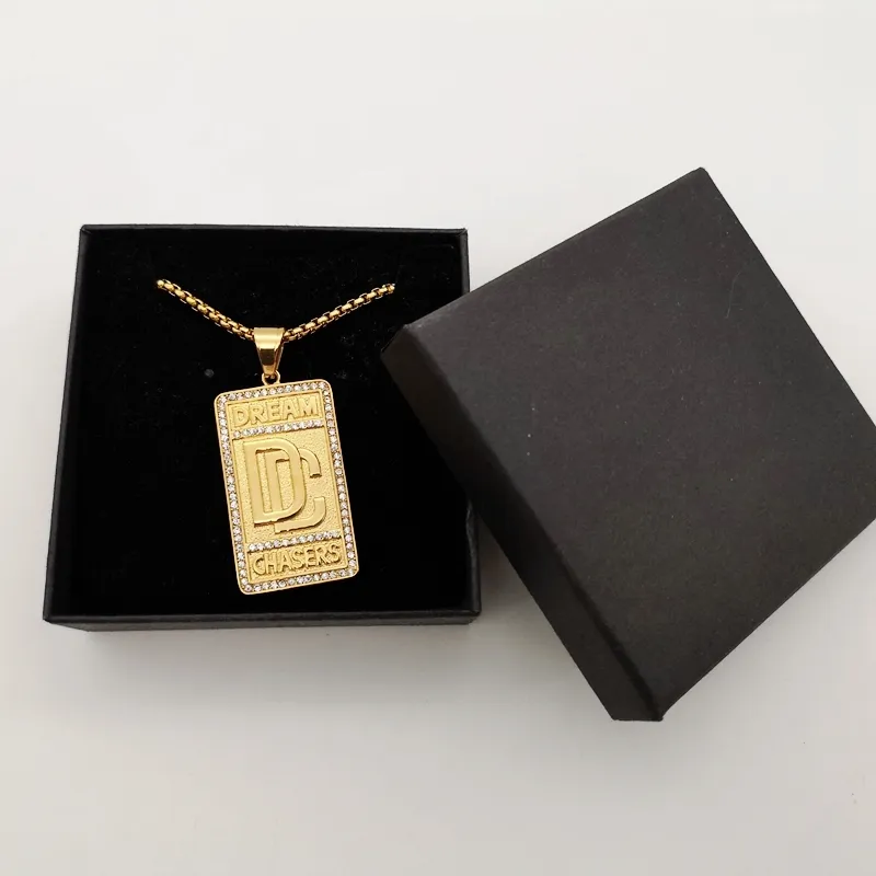 Hip Hop rock stainless steel rhinestones Dream Chaser pendant necklace mens fashion Gold color DC necklace jewelry Y12205508804