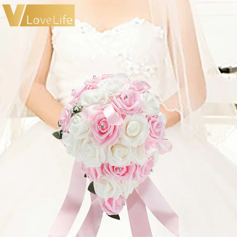 1 шт., цветы в руках, синие, фиолетовые, красные розы, искусственные свадебные цветы, букет невесты, свадебный букет, хрустальная шелковая лента, украшение287e