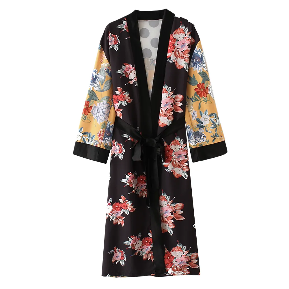 Kvinnor blomma tryck kimono cardigan blus bandage sommar semester strand täcker upp boho lång lösa casual shirts mantel med bälte lj200831
