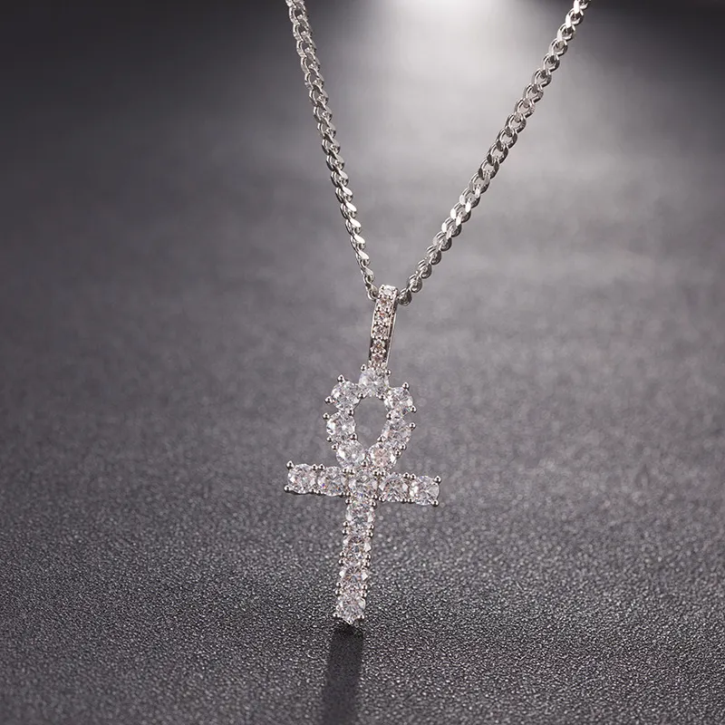 Iced Out CZ Key of Life Egypt Cross Pendant Necklace 4mm Tennis Chain SGold Silver for Men Hiphop Jewelry250t