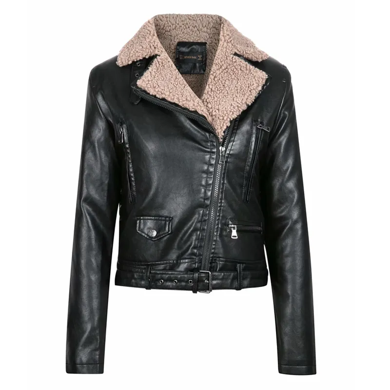 Fitaylor Women Faux Lamb Wol Lederen Jacket Winter Dikte Warme Dikte Lamb Fur Black Punk Zipper PU -jas uit met riem 201214